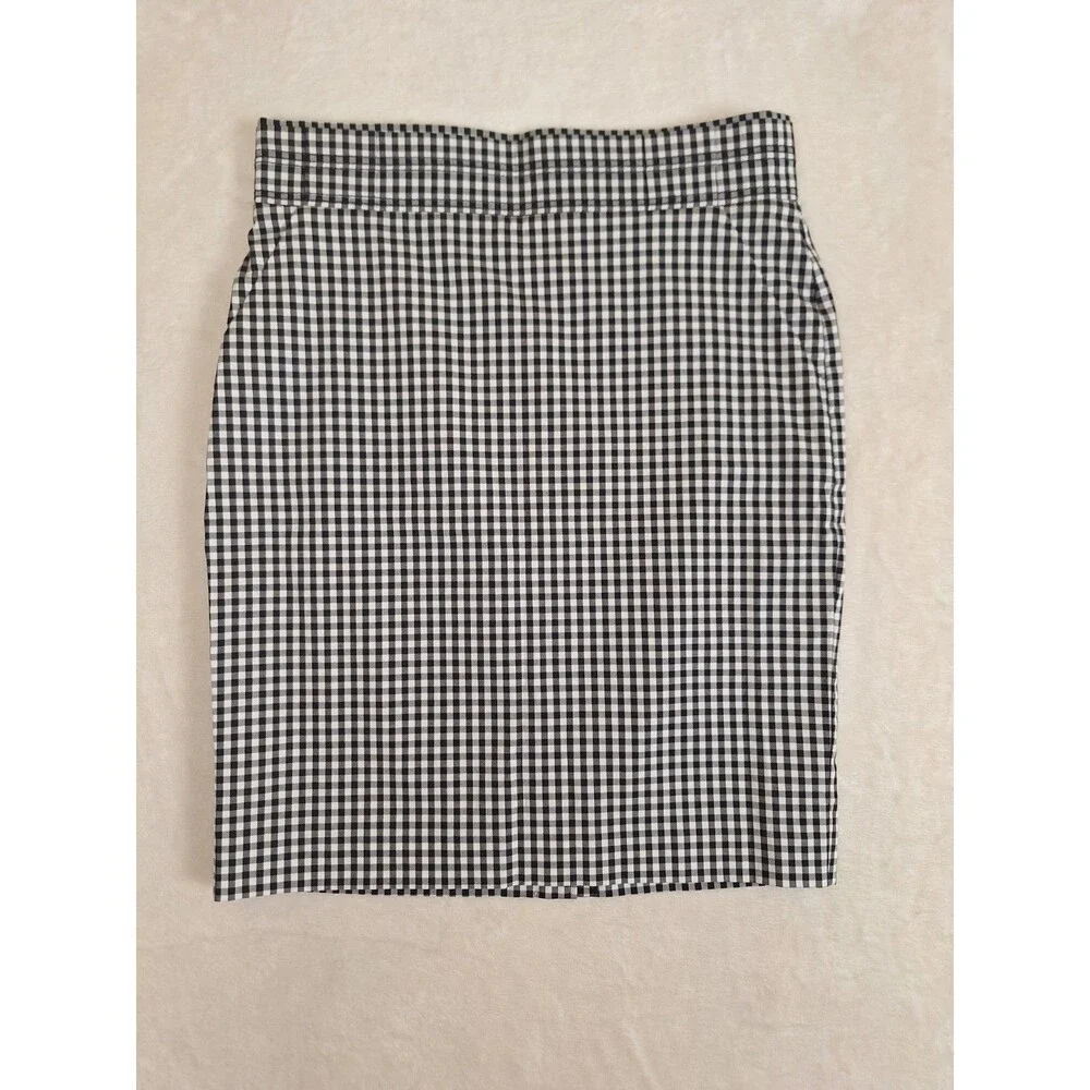 Ann Taylor Black & White Gingham Skirt Womens 8P Pencil Cotton Lined Zip Knee